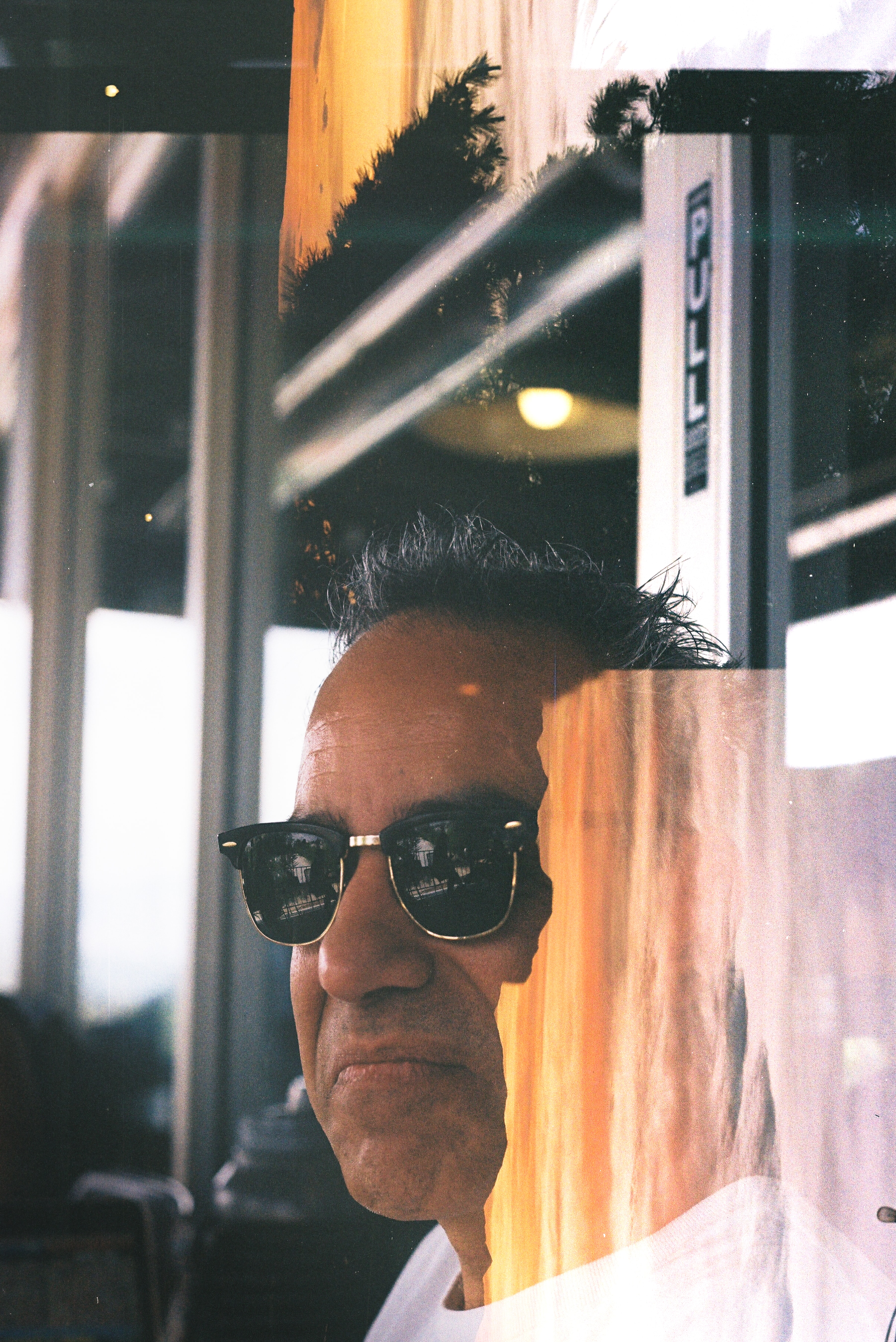 in camera film double exposure portrait on sunset