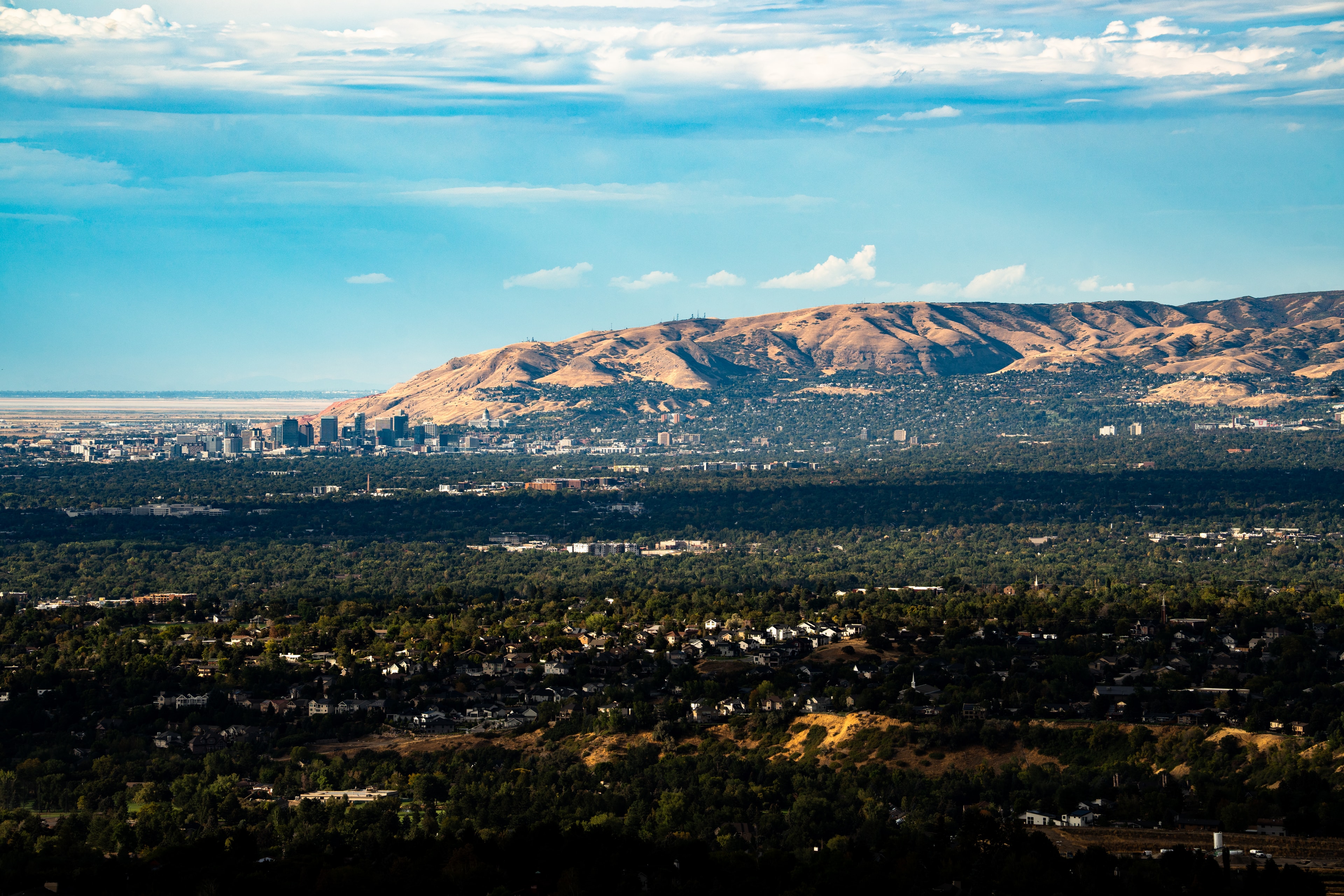 The Salt Lake City skyline from the foothills, valley stretching to the lake